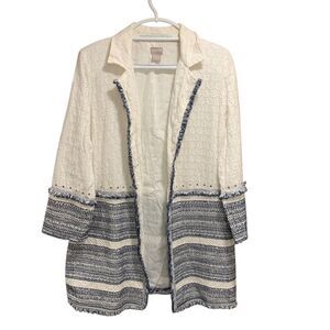 Chicos Womens Cotton Linen Embellished Eyelet Fringe Jacket sz1 8/10 Lagenlook